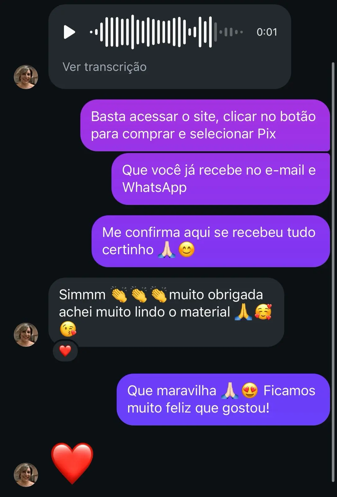 Depoimento de cliente no WhatsApp